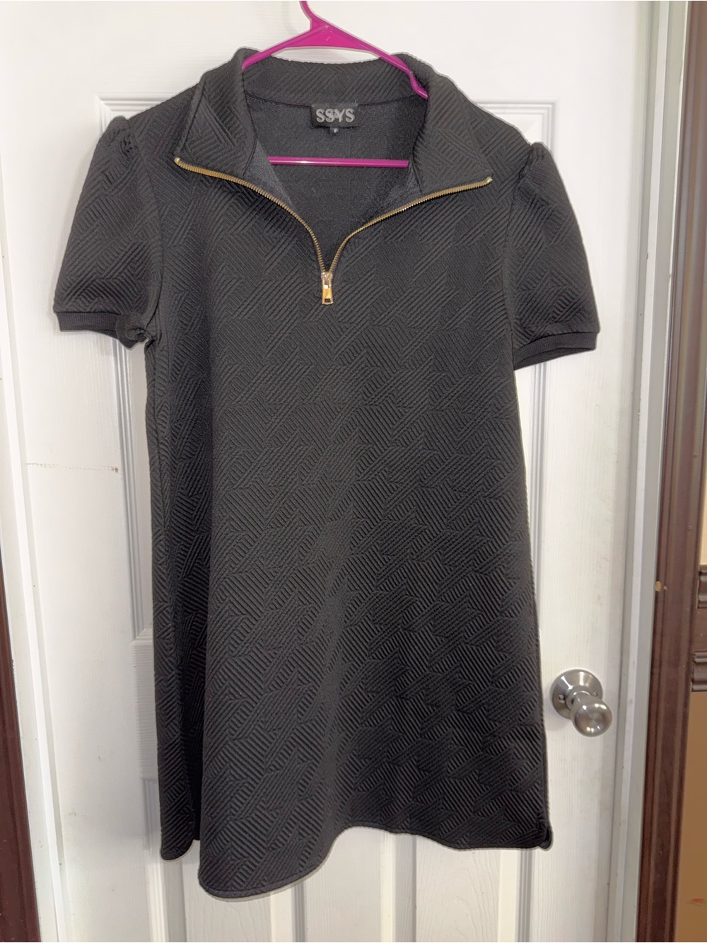 SSYS Black Textured Mini Dress with Gold Zip Collar